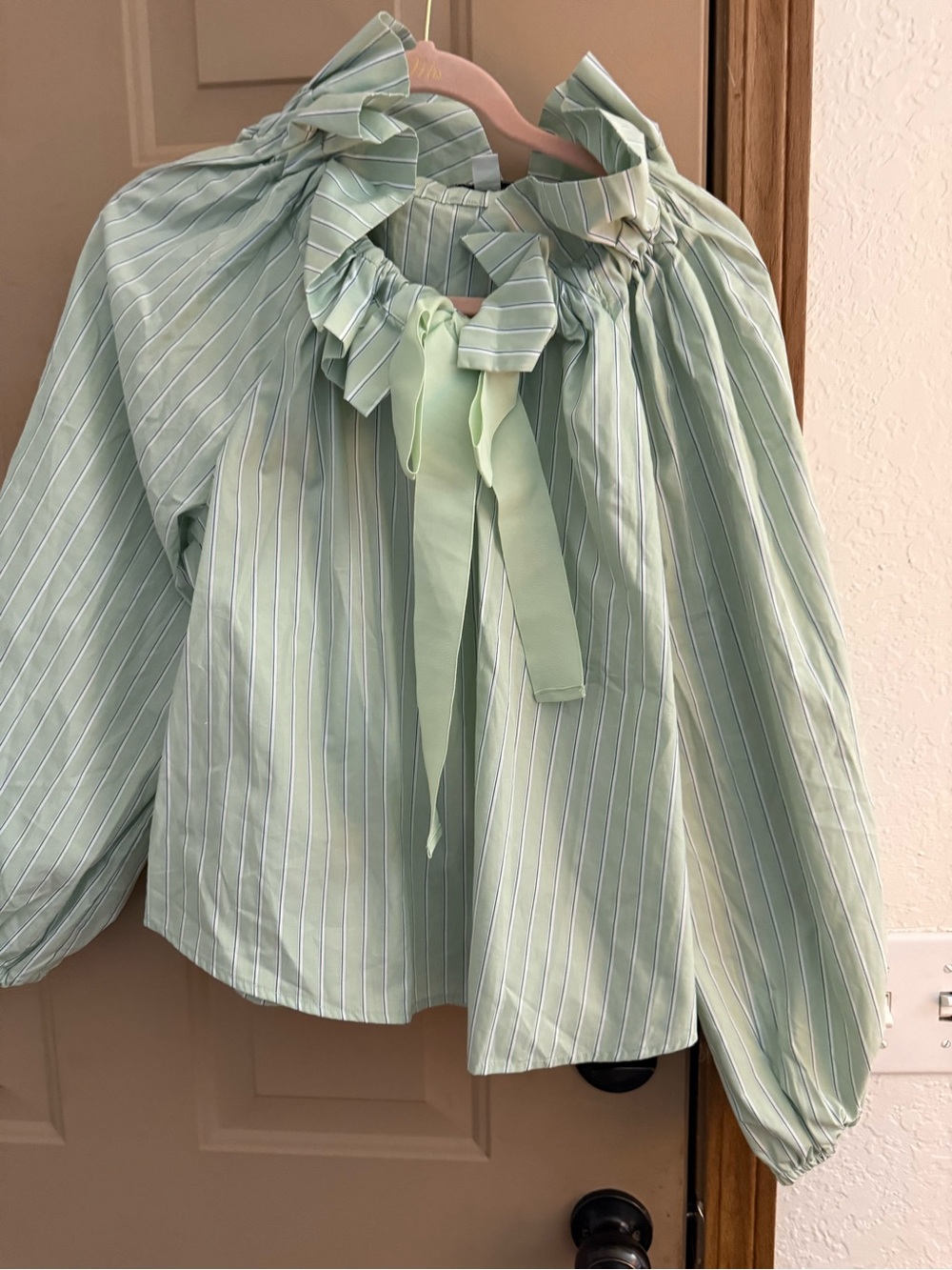 Striped Mint Green Ruffle-Neck Tie Blouse